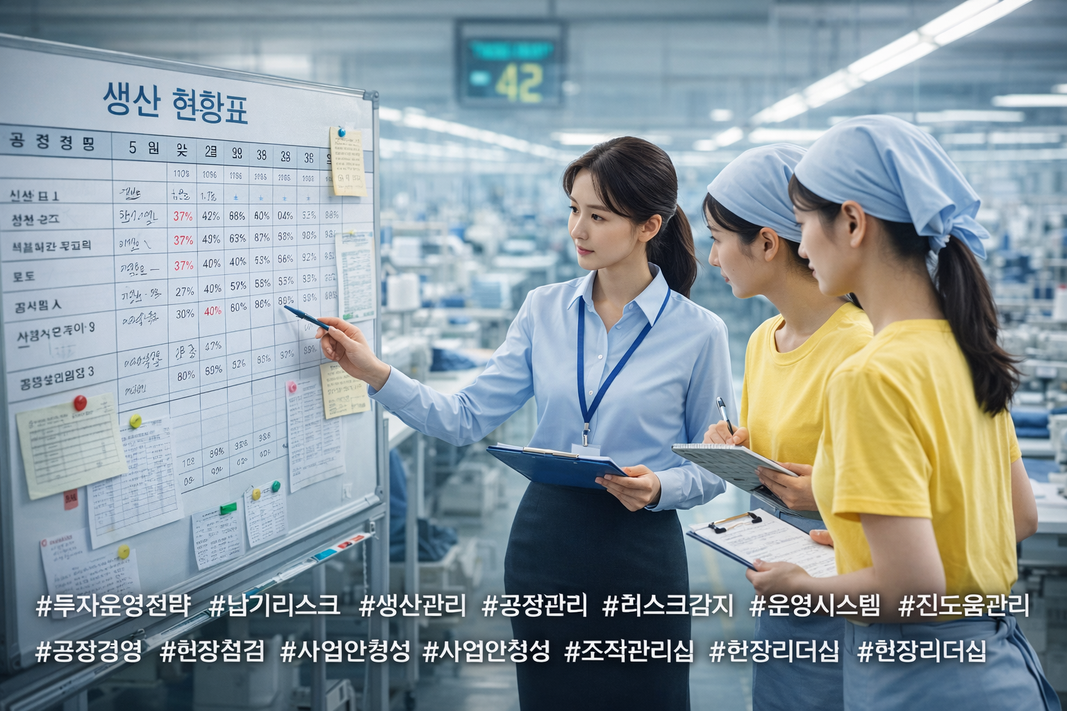 의류 공장에서 생산 현황표를 확인하며 진도율을 점검하는 관리자와 작업자들