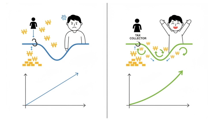 일반 투자 계좌와 IRP 계좌의 복리 효과 차이를 보여주는 비교 인포그래픽, 한국인이 자산 증식에 만족하는 모습