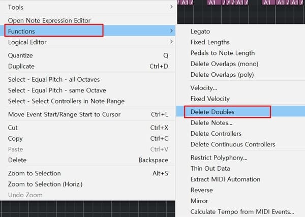 큐베이스에서 중복된 노트를 삭제하는 방법: 
 MIDI &gt; Functions &gt; Delete Doubles