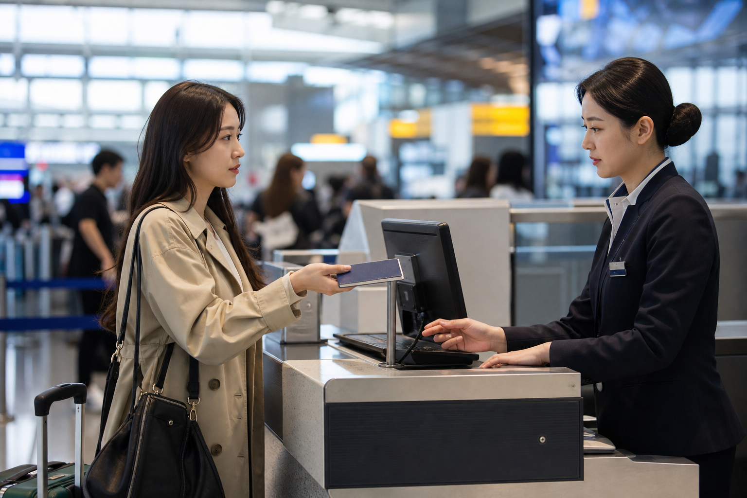 공항 체크인 카운터에서 여권을 확인하는 항공사 직원과 여행자