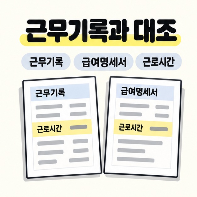 근무기록과 급여명세서를 나란히 놓고 두 문서의 근로시간 항목을 노란색으로 강조해 대조하는 그림