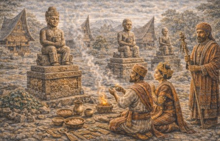 수마트라 바타크족의 전통 무덤 앞에서 조상 숭배 의례가 진행되는 장면으로, 석조 조상상과 제의 도구, 열대 자연 환경이 함께 표현된 고대 바타크 문화의 장례·신앙 풍경