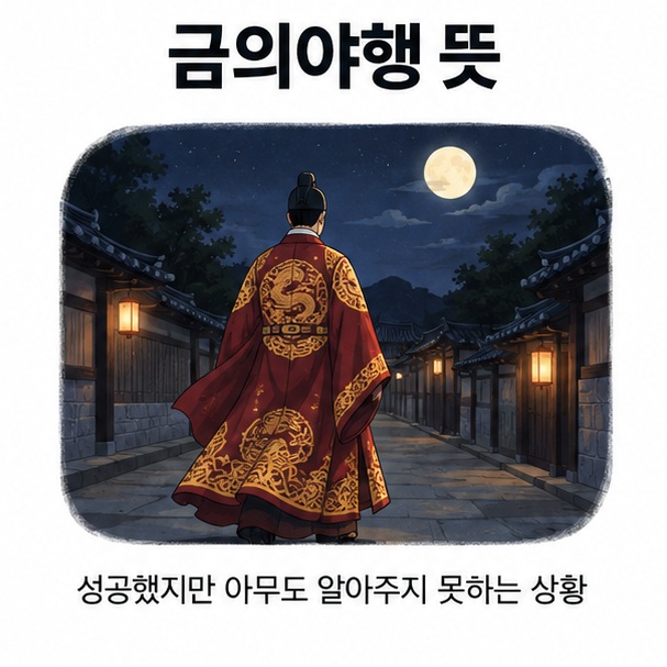화려한 비단옷을 입은 사람이 어두운 밤길을 걷는 모습을 배경으로 금의야행 뜻이라는 글자가 중앙에 놓인 고사성어 인포그래픽