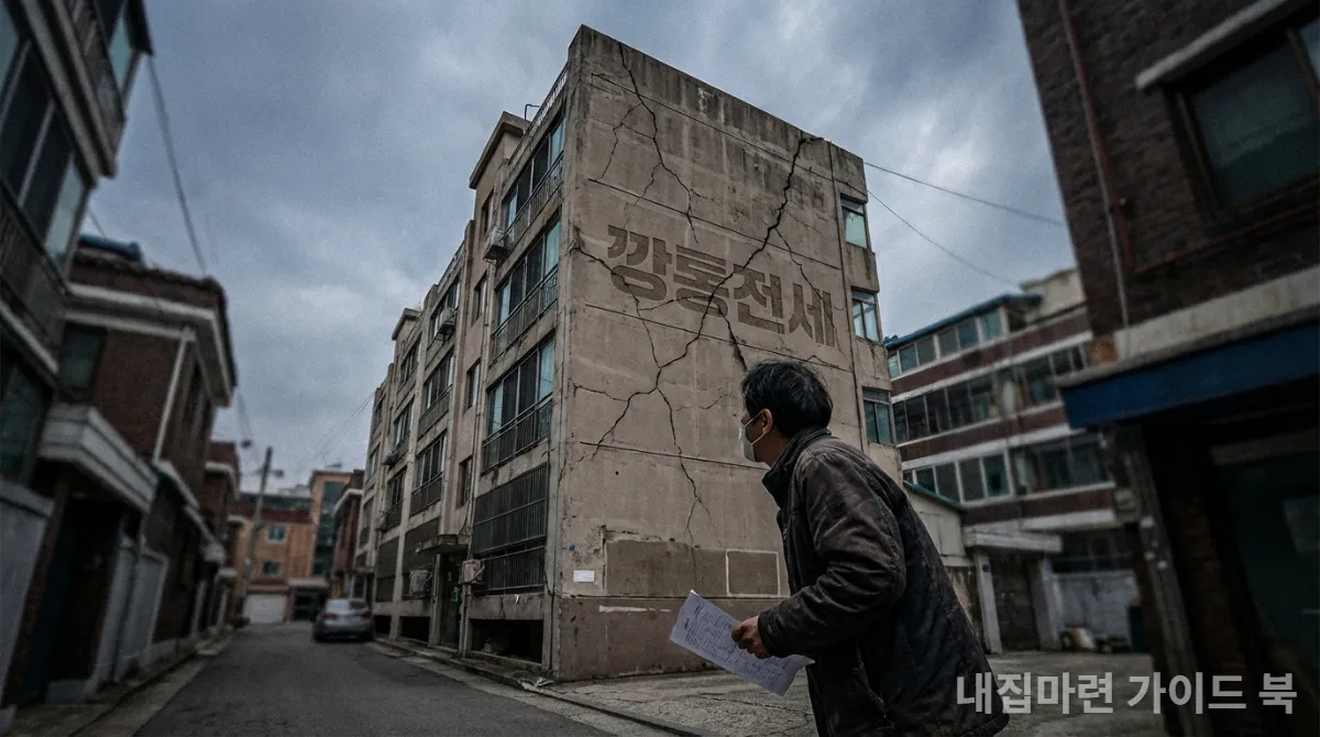 금이 간 아파트 건물과 걱정하는 사람, 깡통전세와 갭투자 위험을 상징