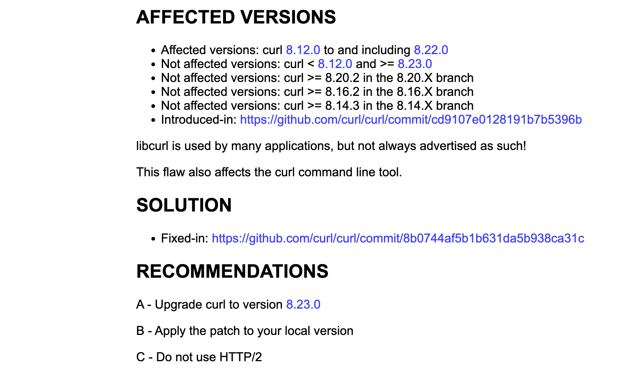 curl.se CVE-2026-92392 공지의 AFFECTED VERSIONS, SOLUTION, RECOMMENDATIONS 부분: 영향 버전 8.12.0~8.22.0, 8.23.0과 옛 가지의 수정 버전, 권고 A 업그레이드, B 패치 적용, C HTTP/2 쓰지 않기