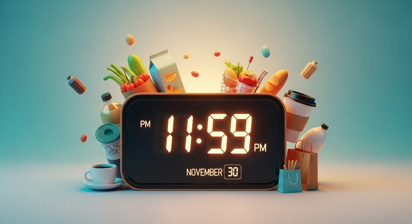 오늘 자정 마감되는 민생회복 소비쿠폰의 마지막 사용 기한을 알리는 시계와 소비 물품들