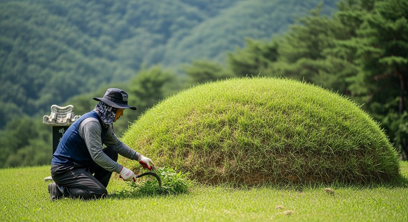 모자를 쓴 작업자가 무덤 주변 풀을 베어내는 모습
