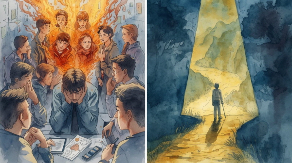 INTJ 청소년의 우울은 논리와 계획의 틀 안에서 보이지 않게 자랍니다. 그들은 감정을 받아들이는 법을 모르고, 실패 앞에서 무너질 수밖에 없습니다. 그러나 존재 자체를 존중받고, 실패마저 하나의 경험으로 받아들일 수 있다면, 이 아이는 더 단단한 회복의 길을 걸어갈 수 있습니다에 관한 그림