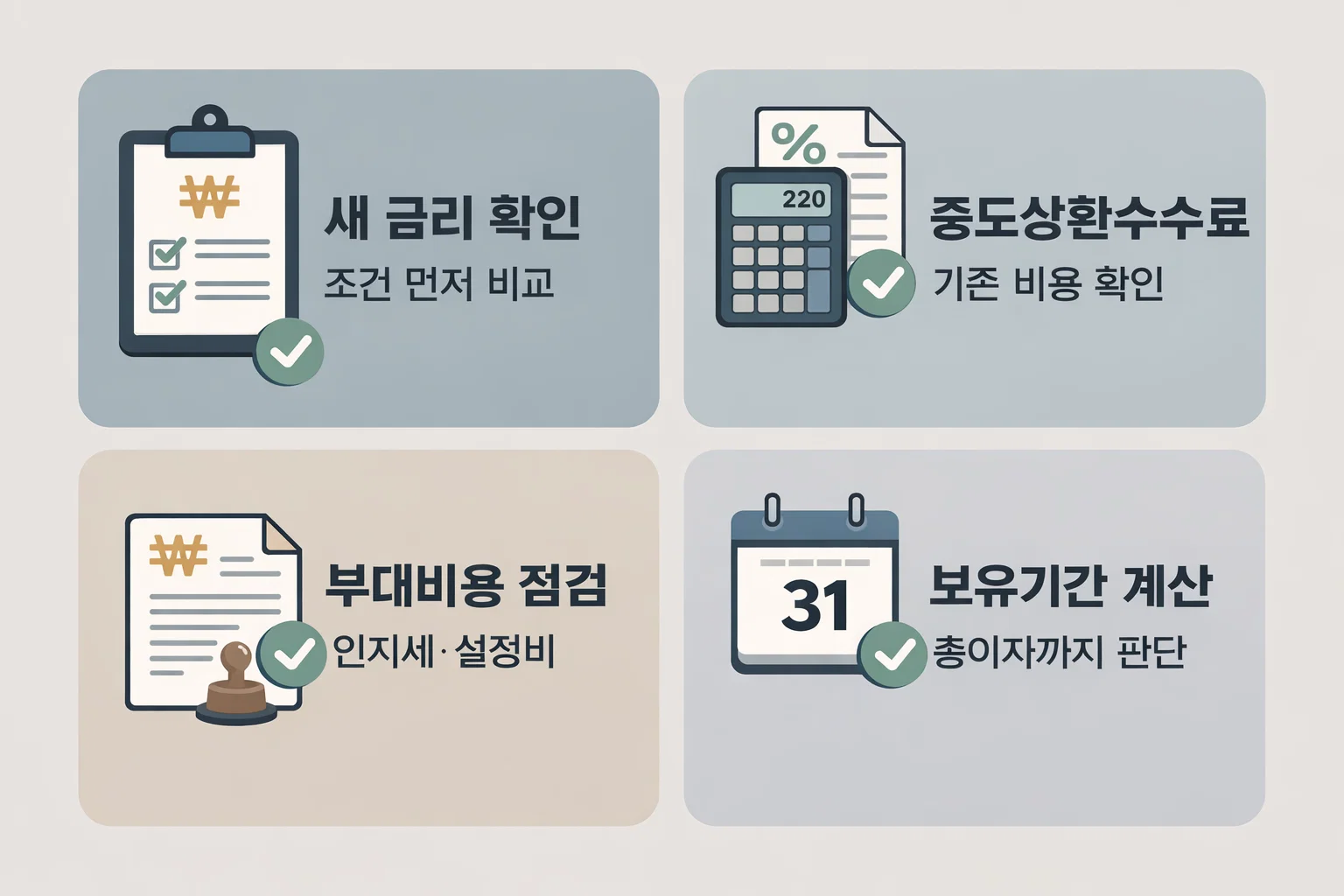 아파트담보대출 금리비교 후 갈아타기 전 새 금리와 중도상환수수료 및 보유기간 계산까지 점검할 항목을 정리한 이미지