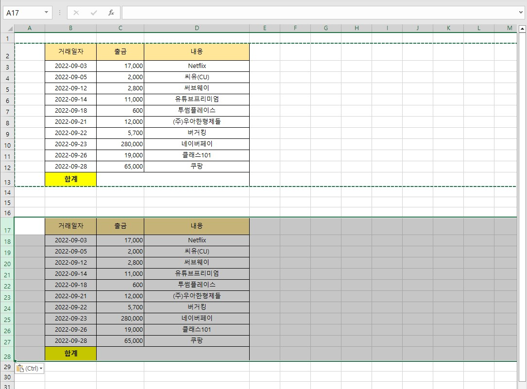 엑셀 행높이 같게 만들기 서식 복사