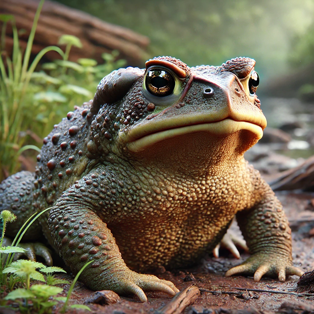 위 이미지는 참두꺼비 (Bufo bufo gargarizans)를 실제적인 모습으로 묘사한 것입니다. 이 두꺼비는 울퉁불퉁한 피부와 어두운 갈색에서 올리브 그린 색상까지 다양한 색조를 가진 두꺼운 몸집을 가졌습니다. 큰 황금색 눈과 특징적인 등쪽의 주름이 두드러지며, 배경은 자연적인 습지 환경을 형상화하여 부드러운 빛과 약간의 안개가 감도는 분위기를 연출하고 있습니다.