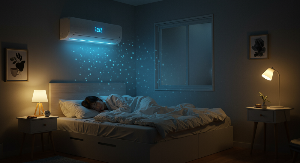 2025년 최신 벽걸이 에어컨이 설치된 원룸에서 조용하고 시원하게 잠든 사람의 모습, 저소음과 낮은 전기세의 장점을 보여주는 이미지.