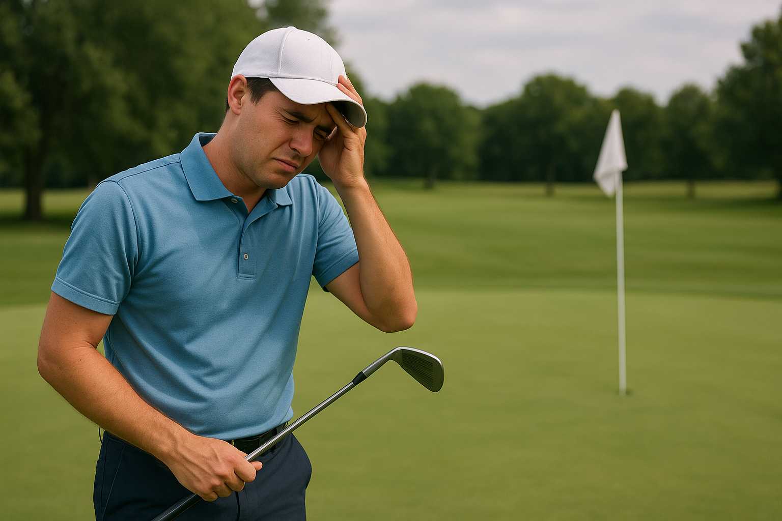 골프 초급자의 웨지 샷 후 홀컵 그린에서 너무 멀어져 상심하는 모습