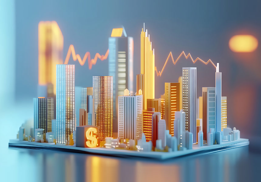 도심 오피스 건물과 함께 배당률 그래프를 보여주는 리츠 투자 개념 이미지