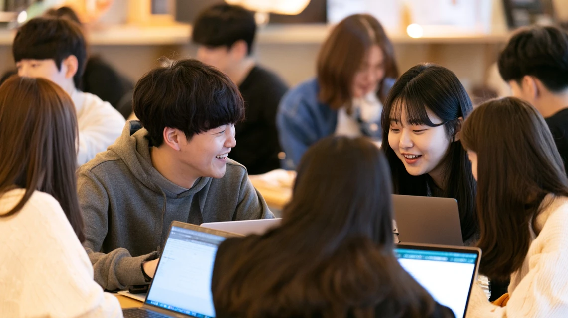 스터디 모임에서 합격 소식을 전하는 사람과 축하하는 동료들