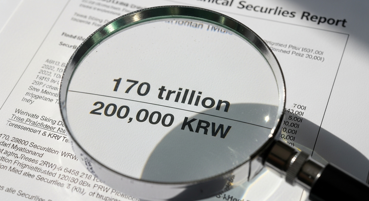 Magnifying glass on a securities report document, highlighting numbers '170 trillion' and '200,000 KRW'.