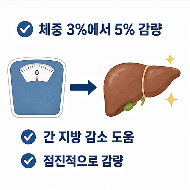 체중의 약 3%에서 5%를 점진적으로 감량하면 간에 쌓인 지방 감소에 도움이 될 수 있음을 보여주는 그림