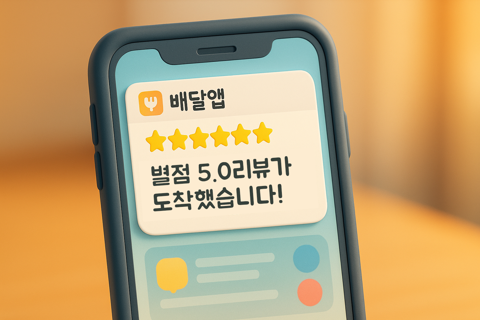 스마트폰 화면에 '별점 5.0 리뷰가 도착했습니다!'라는 배달앱 알림이 떠 있는 모습