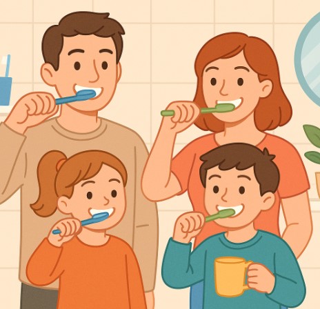 온 가족 양치 하는 사진