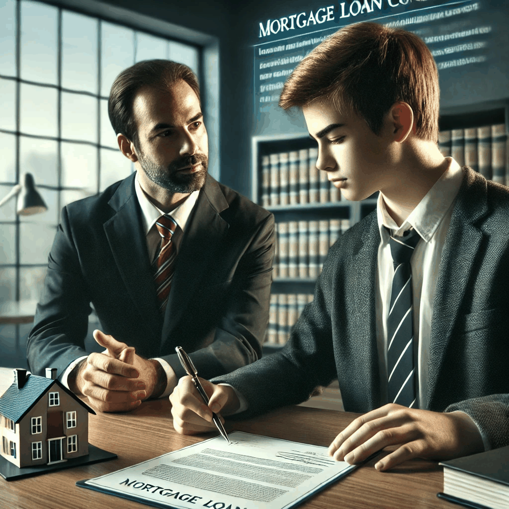 금융 컨설턴트가 대학생에게 주택담보대출 계약을 설명하는 전문적인 상담 장면