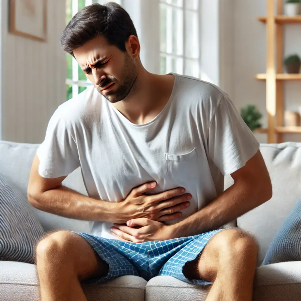 속이 불편한 표정으로 복부를 감싸고 있는 남성 – 자연광 거실 배경의 리얼 포토 스타일
