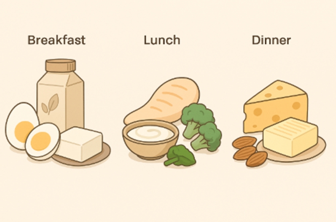 단백질 식품(달걀, 두유, 치즈 등)이 아침 점심 저녁 식사 타이밍에 따라 나누어 배치된 건강한 식단 일러스트