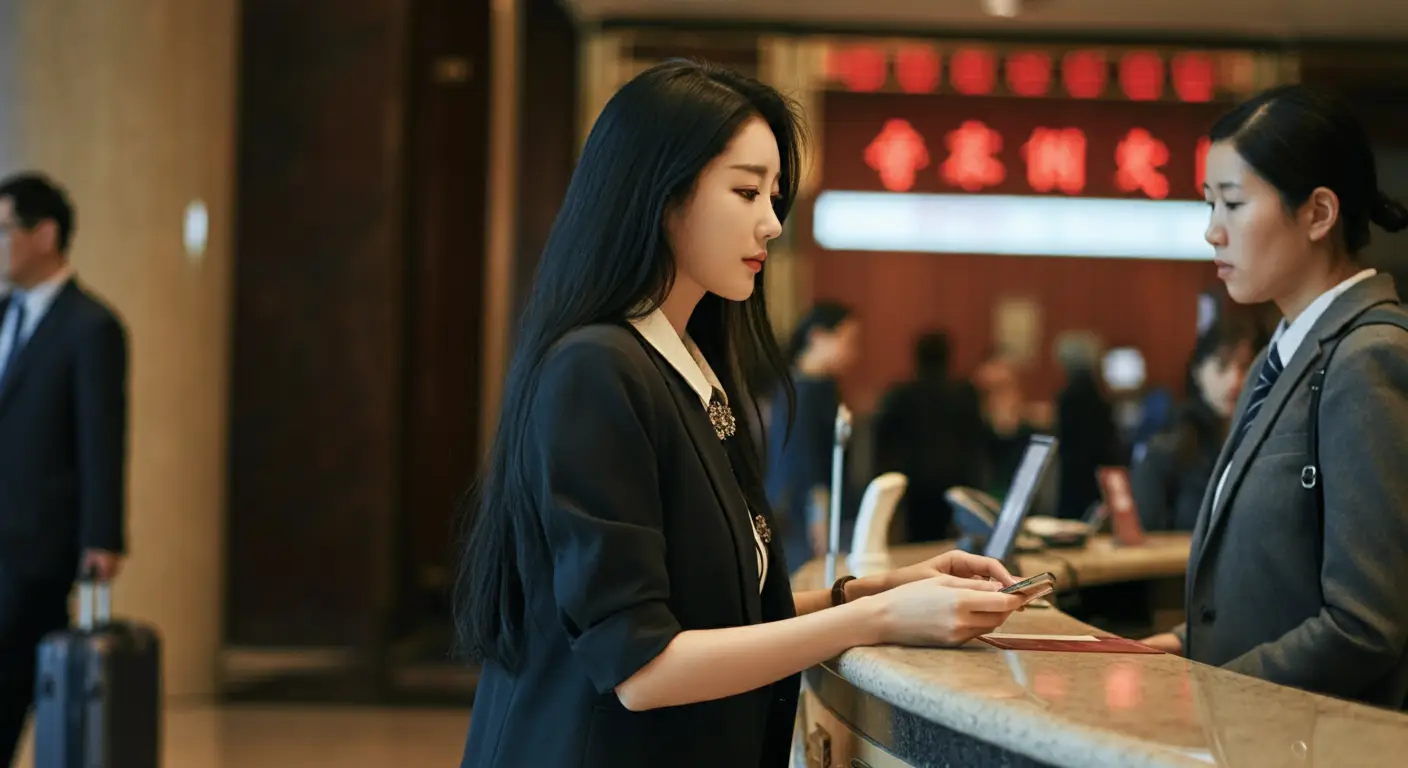 중국 호텔에서 체크인하는 여성