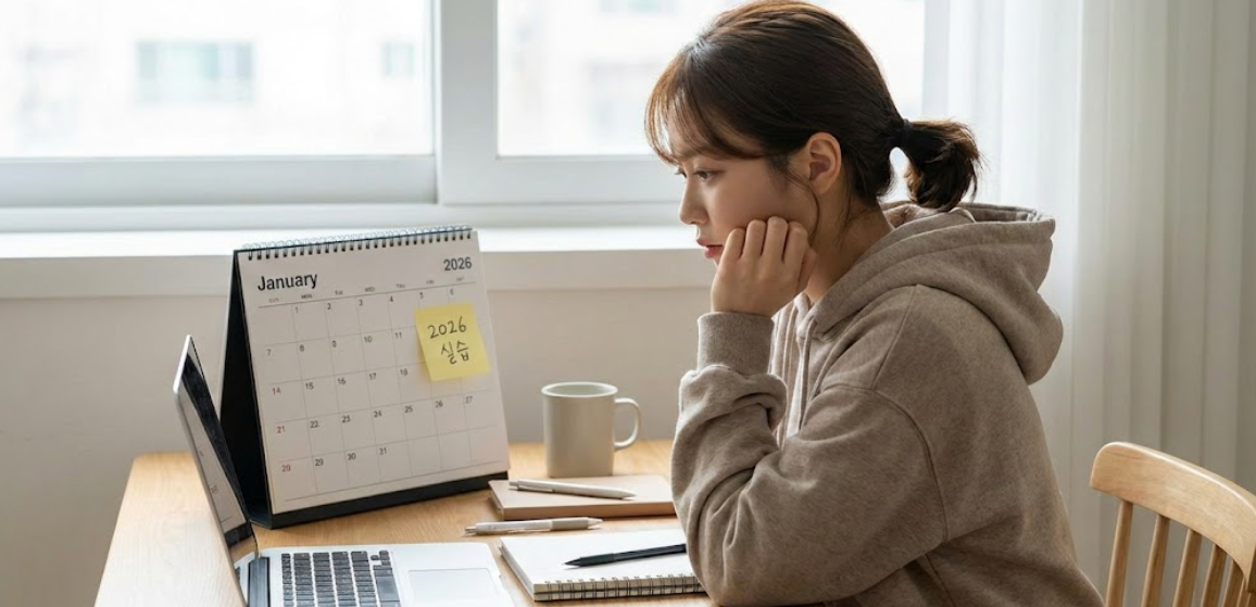 '2026 실습'이 표시된 이미지와 고민하는 학생