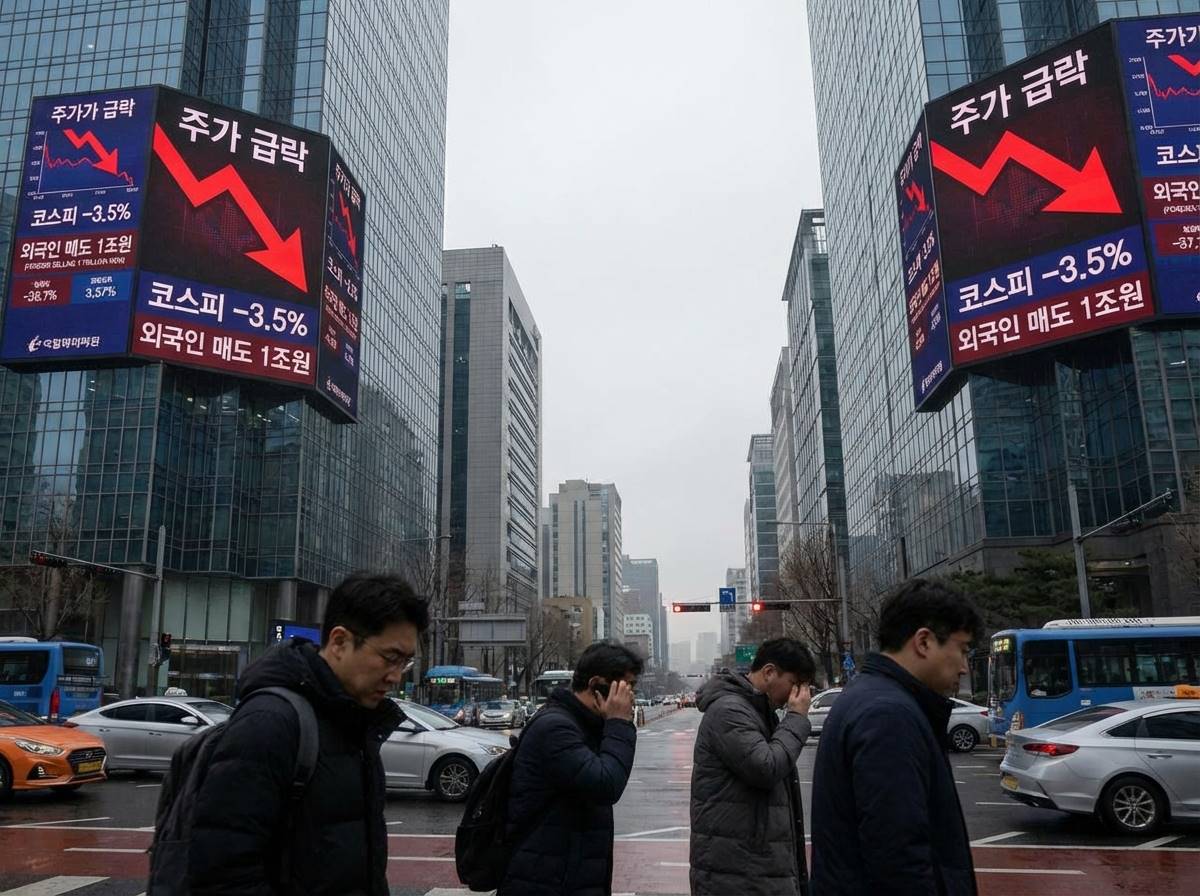 여의도 증권가 전광판에 주가 하락을 나타내는 붉은색 그래프와 외국인 매도 수치가 크게 표시된 긴박한 분위기