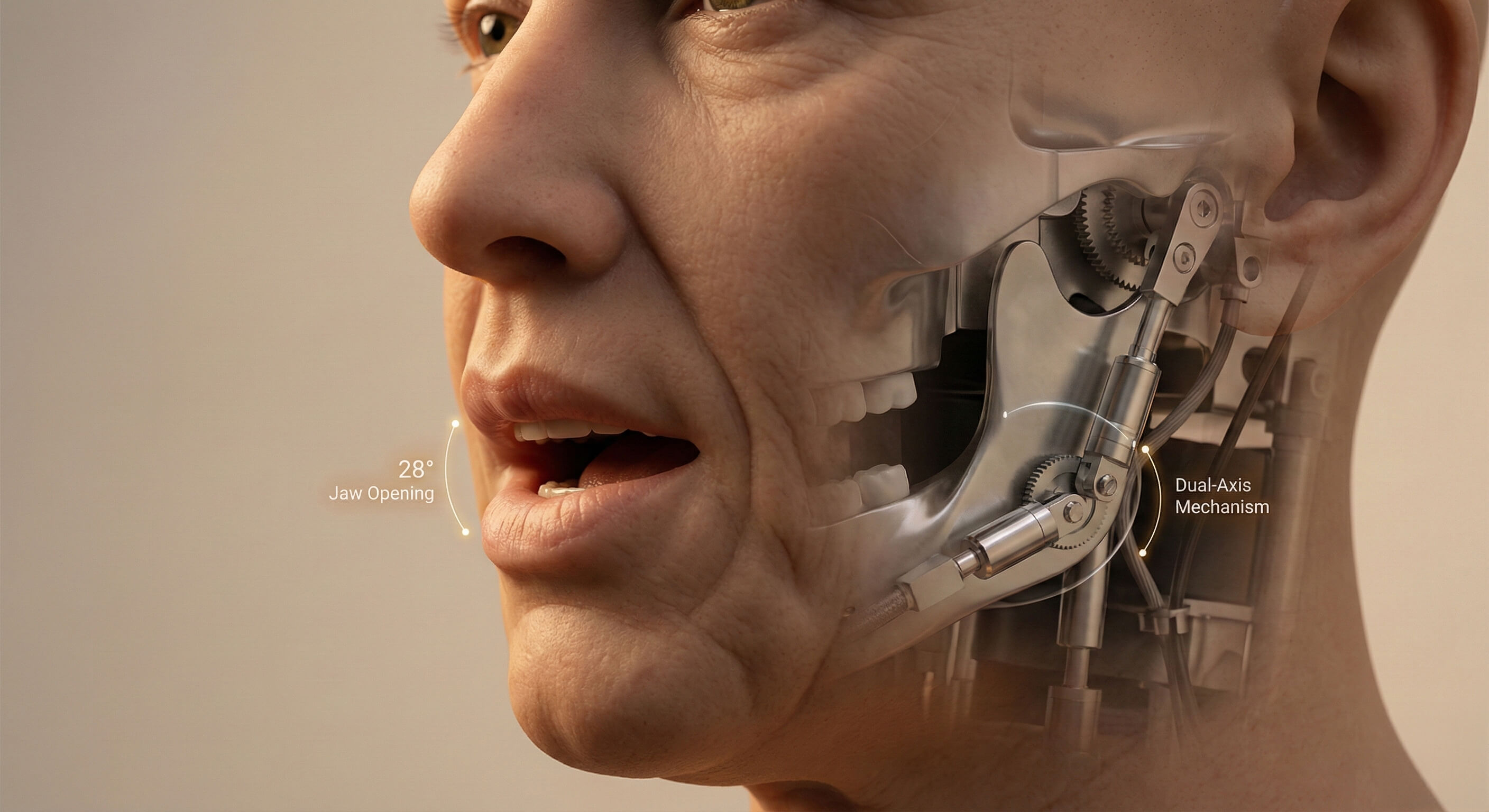 휴머노이드 얼굴 턱 관절의 진짜 같은 움직임 만들기: 개구 20~35°와 단일축·복합축 설계 기준