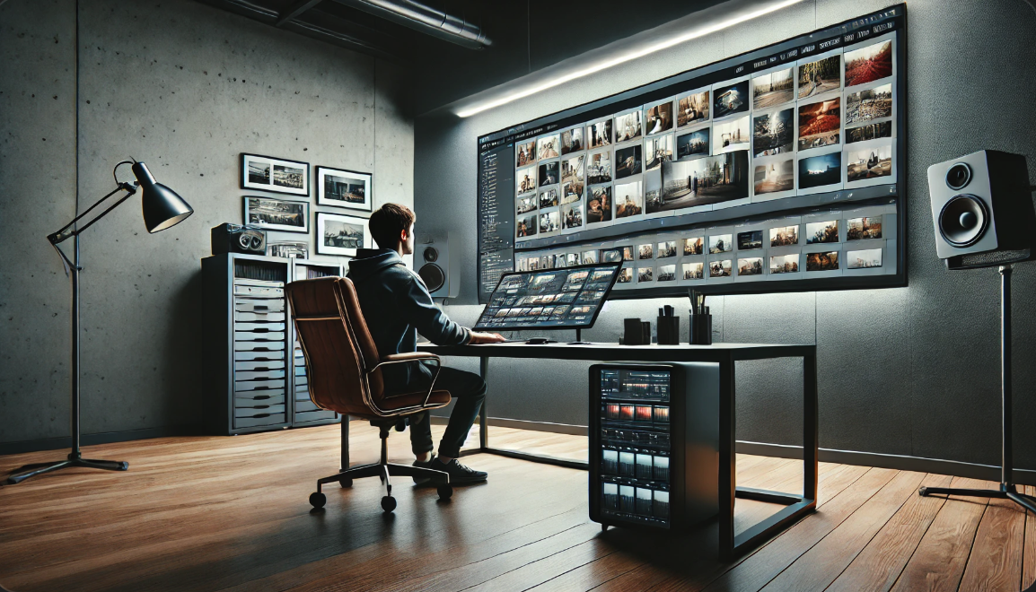 현대적인 스튜디오에서 사진을 편집하는 사진작가