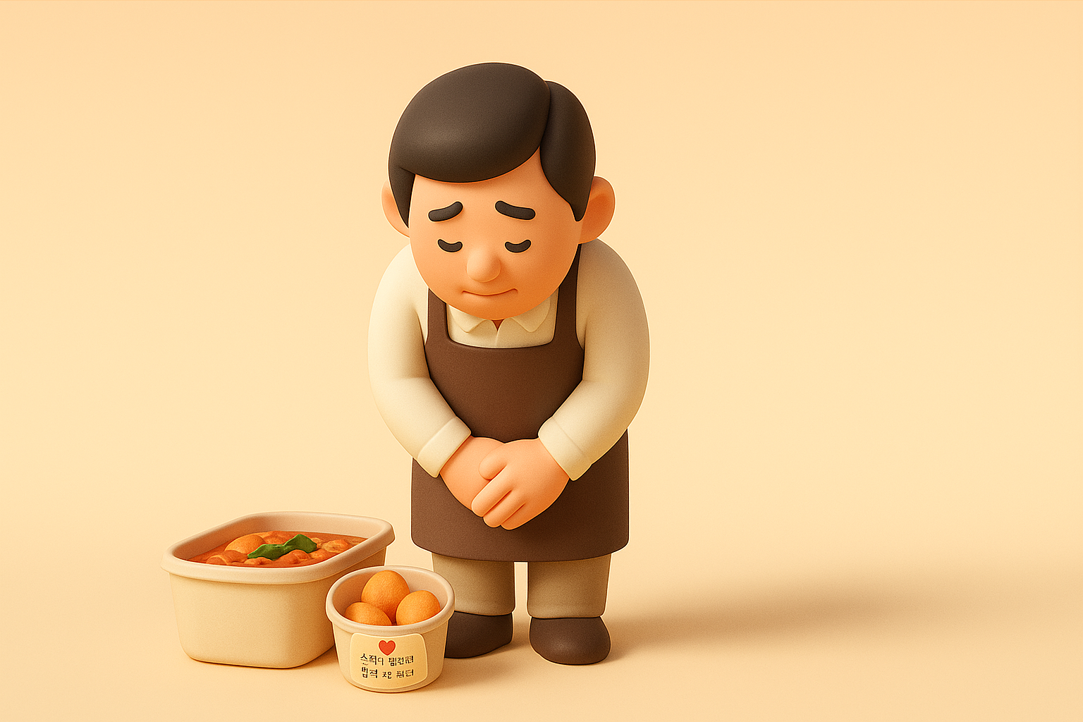 식당 사장님이 고객에게 정중하게 허리 숙여 사과하는 모습의 일러스트