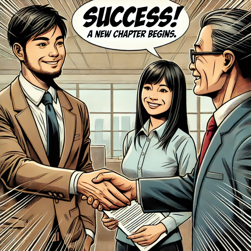 중장년층의 남성과 여성이 사무실에서 채용 담당자와 악수를 나누고 있음