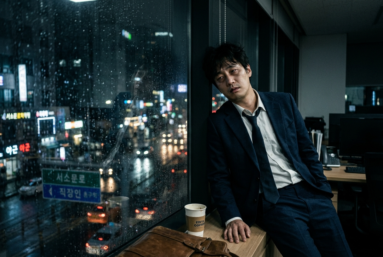 어두운 실내 창가에 기대어 무기력하고 피곤한 표정으로 밖을 바라보는 직장인의 모습