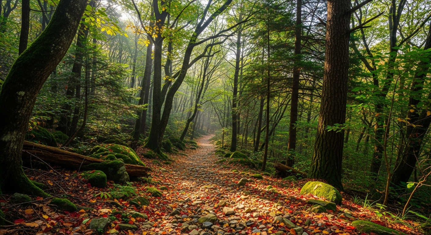 대둔산의 햇살이 비치는 고요한 숲길, 낙엽과 돌멩이가 깔린 오솔길이 깊은 숲으로 이어지는 평화로운 풍경