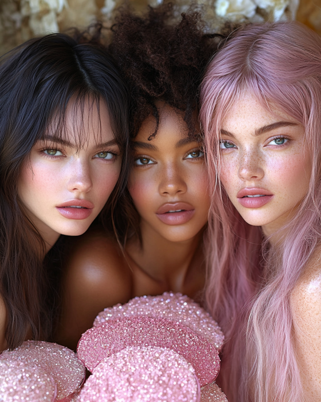 톤별 찰떡! 퍼스널 컬러 화장품- 톤에 맞는 메이크업 제품. 피부색이 다른 여성 3명의 사진