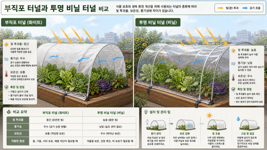 부직포 터널과 비닐 터널의 공기 흐름 및 빛 투과 비교도