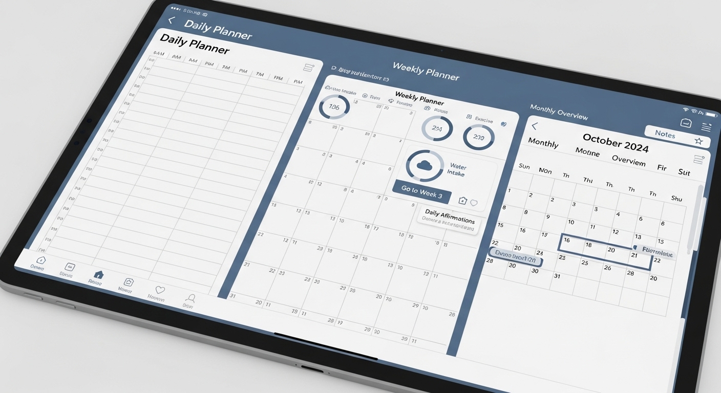 다양한 레이아웃과 하이퍼링크, 디지털 스티커가 적용된 디지털 플래너 화면이 태블릿에 표시되어 있다. 주간, 월간, 일간 플래너 형태가 한눈에 보인다.