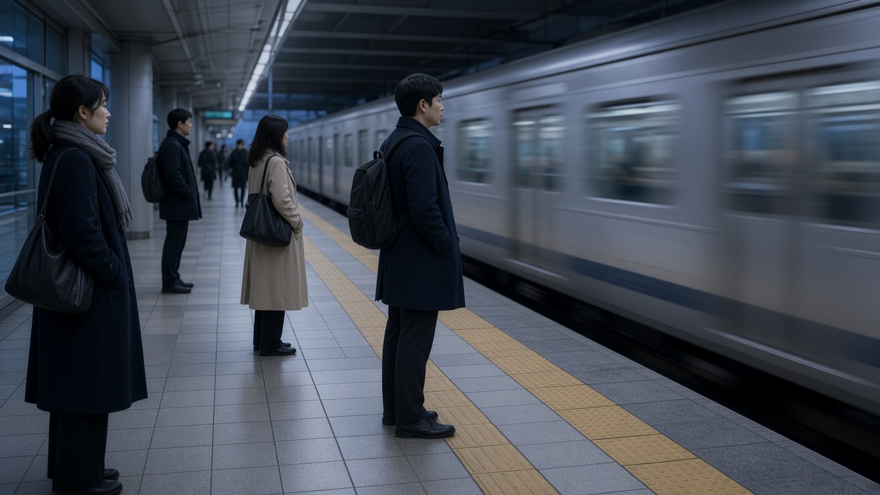 이른 아침 푸른 새벽빛이 도는 한산한 지하철 승강장에서 열차를 기다리는 한국인 출근길 승객들