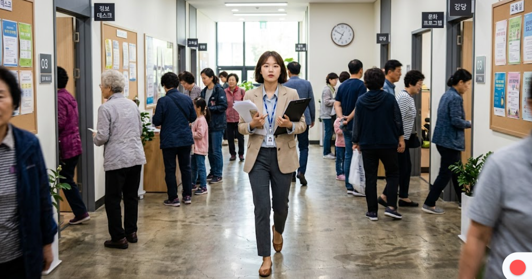종합복지관 복도에서 바쁘게 움직이며 상담 준비를 하는 실습생