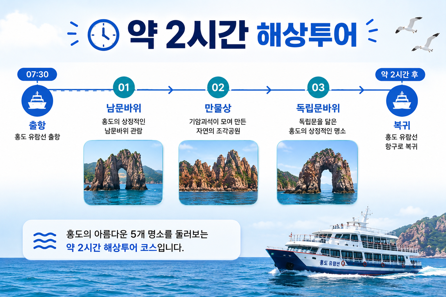 홍도 유람선 약 2시간 동안 대표 기암괴석을 둘러보는 코스 타임라인