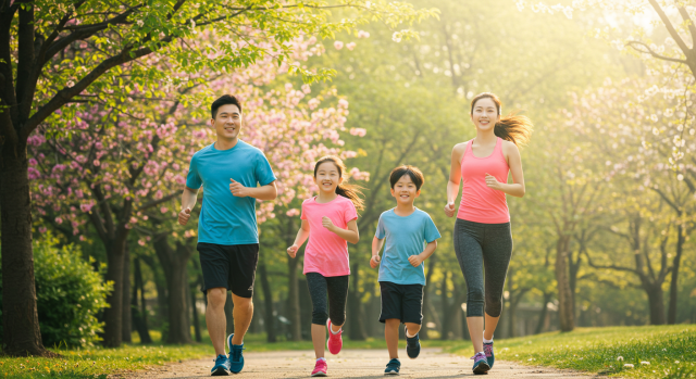 공원에서 조깅하는 한국인 가족