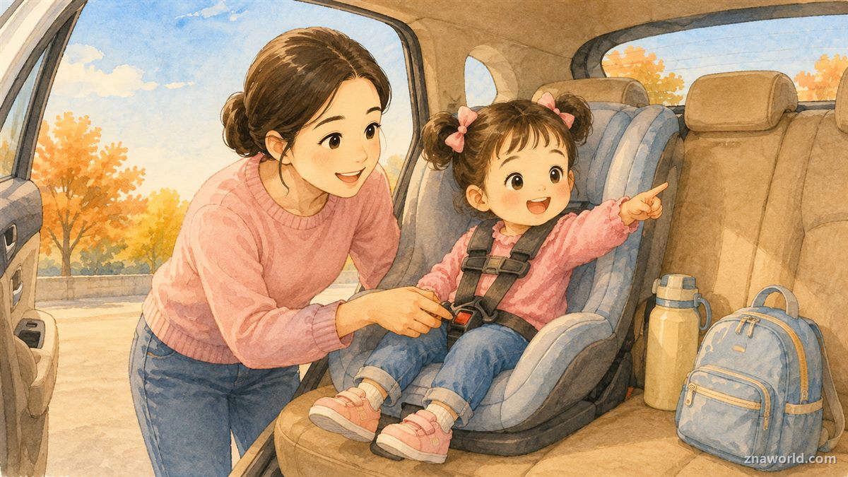 카시트 벨트를 매주는 엄마와 뒷좌석에 앉은 아이