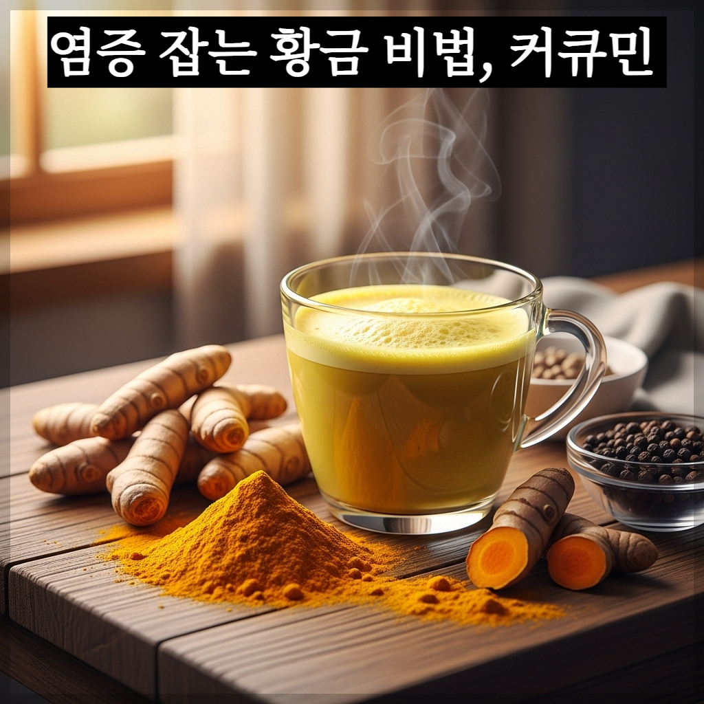 따스한 아침 햇살이 비치는 나무 테이블 위에 정갈하게 담긴 선명한 황금빛 강황 가루와 강황 뿌리, 그리고 김이 모락모락 피어오르는 황금 라떼 한 잔이 놓여 있는 치유 분위기의 실사 이미지