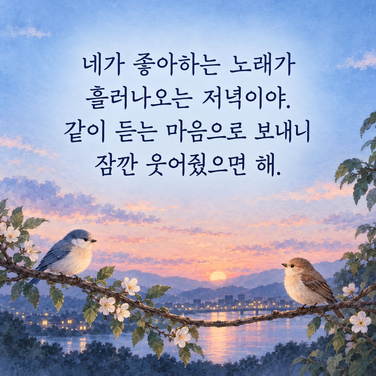 연인에게 보내는 저녁 인사 이미지 23 — 네가 좋아하는 노래가 흘러나오는 저녁이야. 같이 듣는 마음으로 보내니 잠깐 웃어줬으면 해.