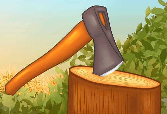 잘려진 나무기둥에 회색 도끼날이 꽂혀있다. 매우 튼튼한 도끼다.