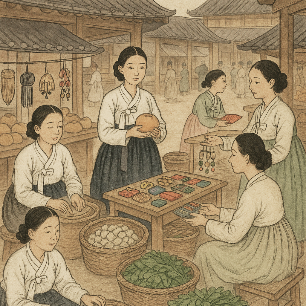 조선시대 여성들이 시장에서 장사를 하고 장을 보는 모습을 묘사한 이미지