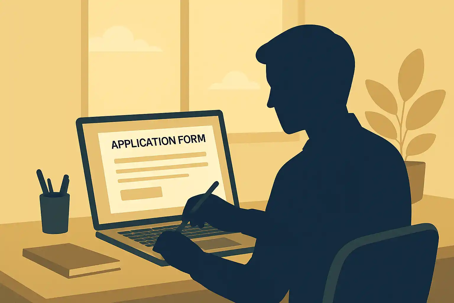 실업인정 인터넷 신청서를 작성 중인 사람의 실루엣 일러스트