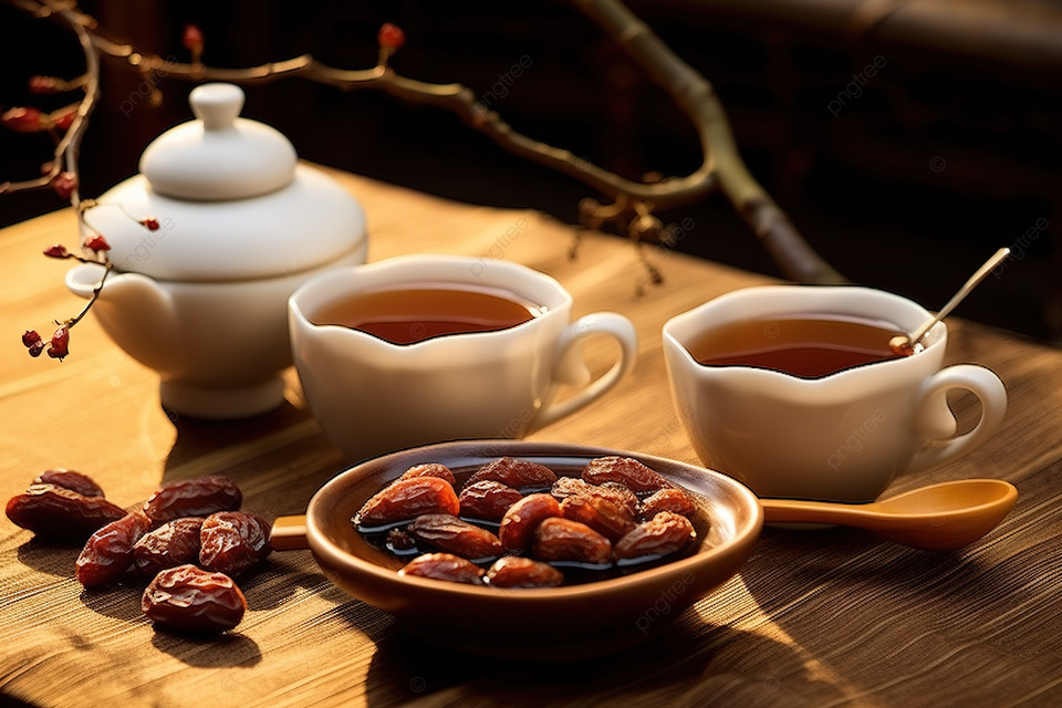 대추한접시와 대추차 두잔과 티팟