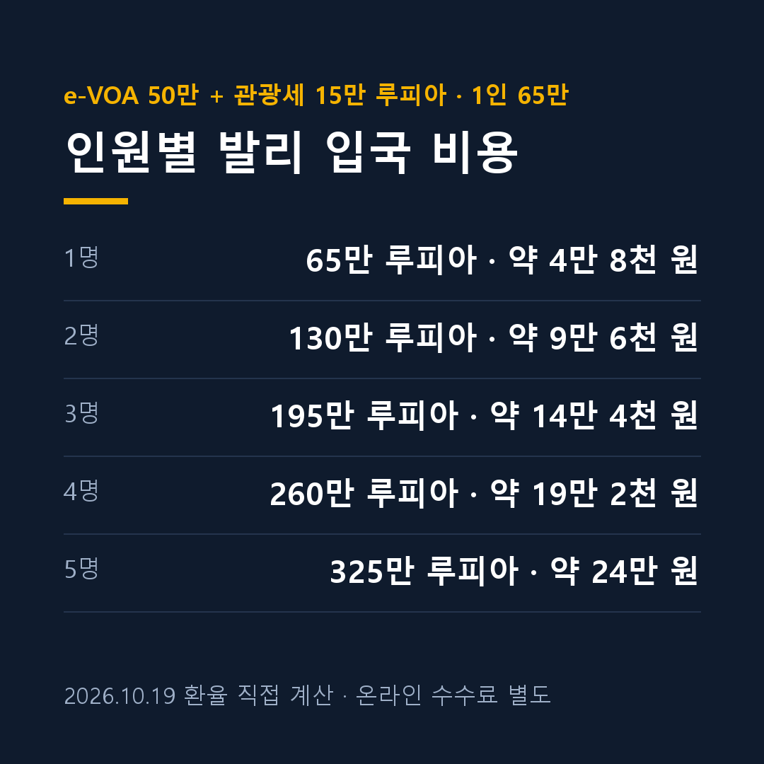 발리 비자 비용 인원별 원화 계산 카드